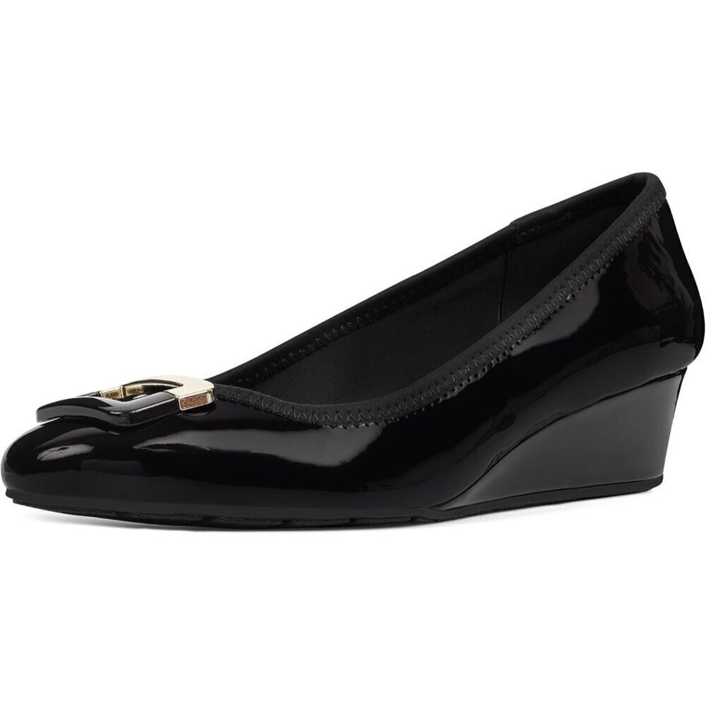 Bandolino Womens Black Black Closed Rounded Toe Flexible Wedge Flat Tad Pump